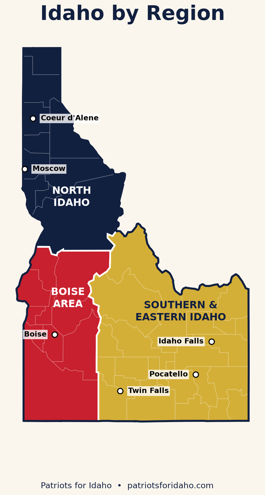 Map of Idaho divided into North Idaho, Boise Area, and Southern Idaho regions